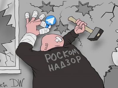 Роскомнадзор, воюющий с Телеграмом. Карикатура: С. Елкин, dw.com, facebook.com/sergey.elkin1